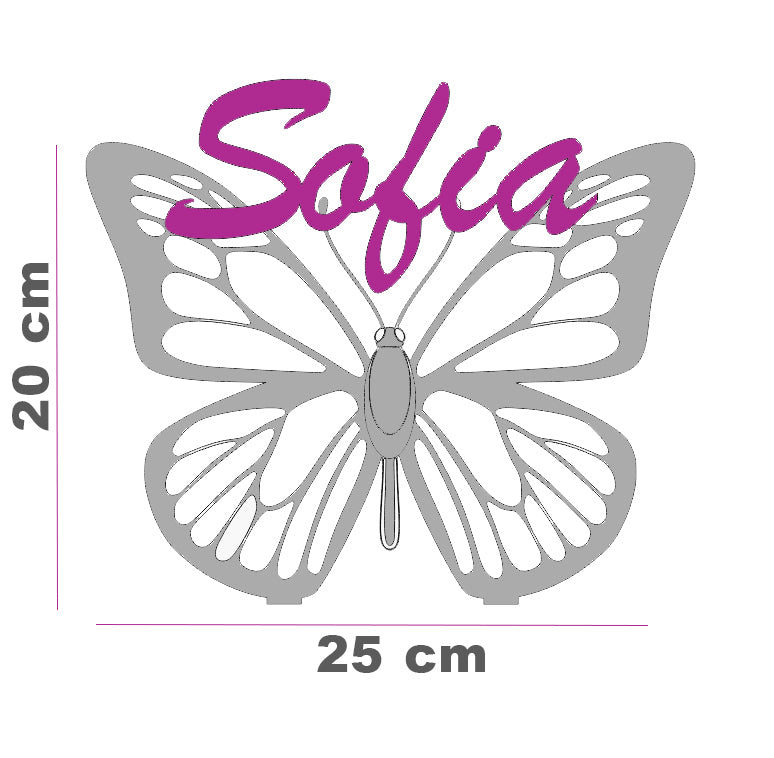 Scritta in Legno Personalizzata a forma di Farfalla | Nome Inciso al Laser 20x25 cm | Topper per Tavolo Torta, Gadget o Decorazione; Dipinto a mano. Spessore: 4mm