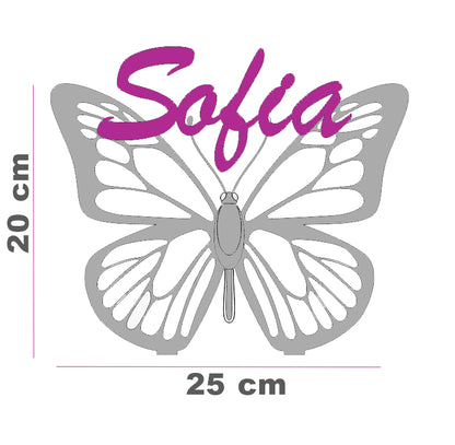 Scritta in Legno Personalizzata a forma di Farfalla | Nome Inciso al Laser 20x25 cm | Topper per Tavolo Torta, Gadget o Decorazione; Dipinto a mano. Spessore: 4mm